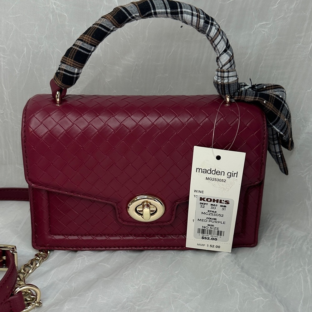 Madden Girl Wine Woven Top-Handle Satchel with Chain Strap